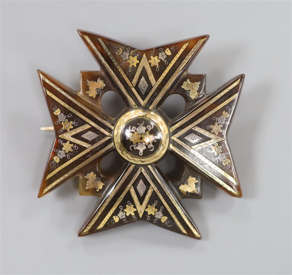 A Victorian tortoiseshell pique quatrefoil brooch, 41mm.